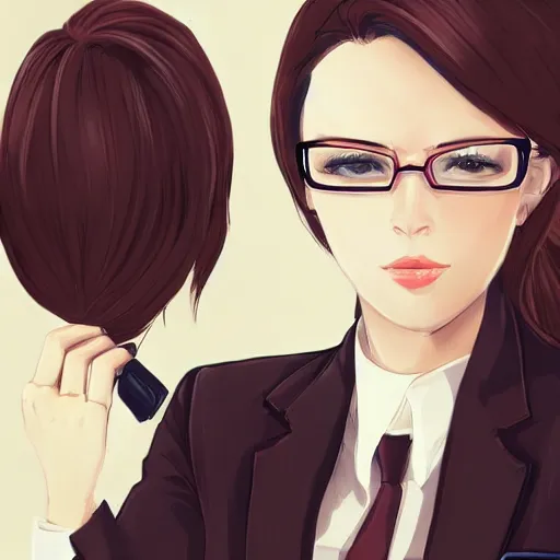 Image similar to woman in business suit, brown neat hair, pixiv, fanbox, trending on artstation, digital art, portrait, modern, sleek, highly detailed, formal, serious, determined, competent, colorized, smooth, charming, pretty, safe for work, law office