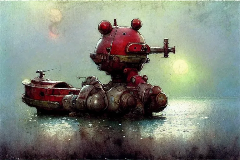 Image similar to adventurer ( ( ( ( ( 1 9 5 0 s retro future robot android mouse house boat tug boat calm stream. muted colors. ) ) ) ) ) by jean baptiste monge!!!!!!!!!!!!!!!!!!!!!!!!! chrome red