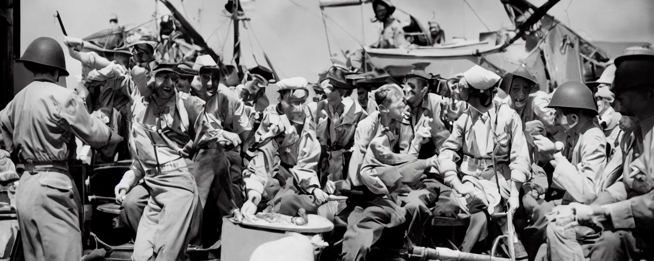 Prompt: sailors celebrating ve day with spaghetti, world war 2, canon 5 0 mm, cinematic lighting, photography, retro, film, kodachrome