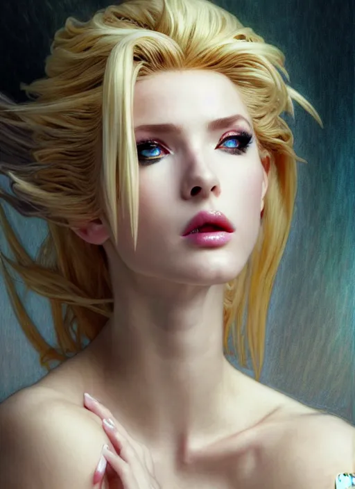 Prompt: glamorous cloud strife, seductive eyes and face, elegant, lascivious pose, very detailed face, studio lighting, photorealism, wearing futuristic armor , portrait by Magali Villeneuve and Steve Argyle,Livia Prima,Mucha,dress,fantasy art,beautiful,artstation,trending on artstation,intricate details,alluring,masterpiece