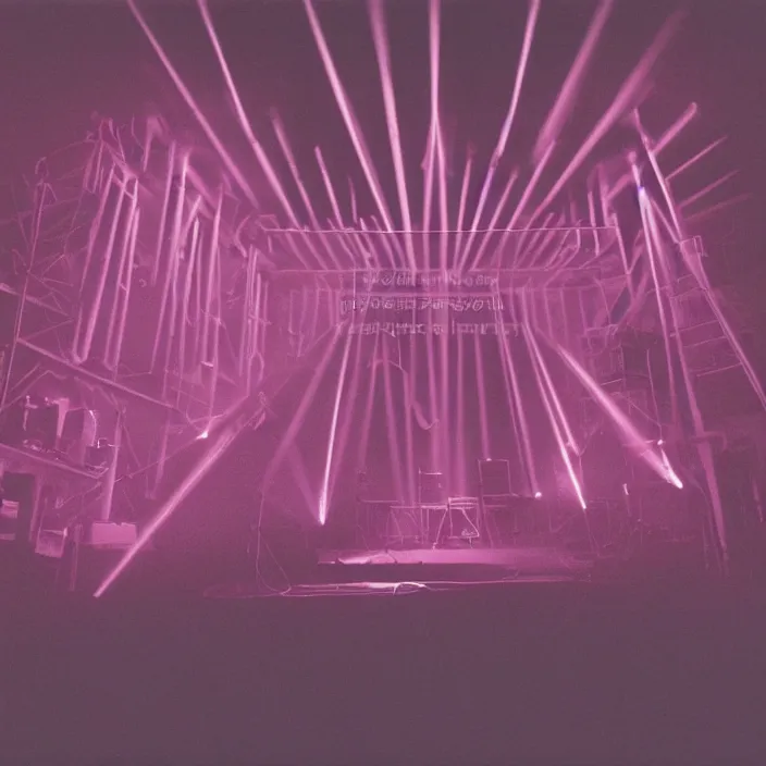 Image similar to concert stage, smoke machine, neon pink light, light beams, synthesizers and other instruments, dark silhouettes of band, seen from afar, 1 9 9 0 s album cover, superimposed images of woodwork tools, grainy