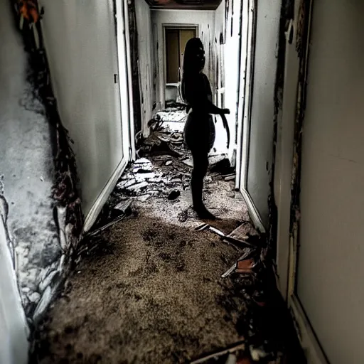 Image similar to high quality photo of a human like monster in the hallway of an old abandoned victorion house