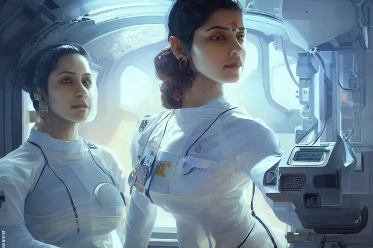 Image similar to Sensual beautiful female pale young Indian doctors wearing Deus Ex Human Revolution clothing in a space station above Earth, portrait, elegant, intricate, digital painting, artstation, concept art, smooth, sharp focus, illustration, art by artgerm and greg rutkowski and alphonse mucha