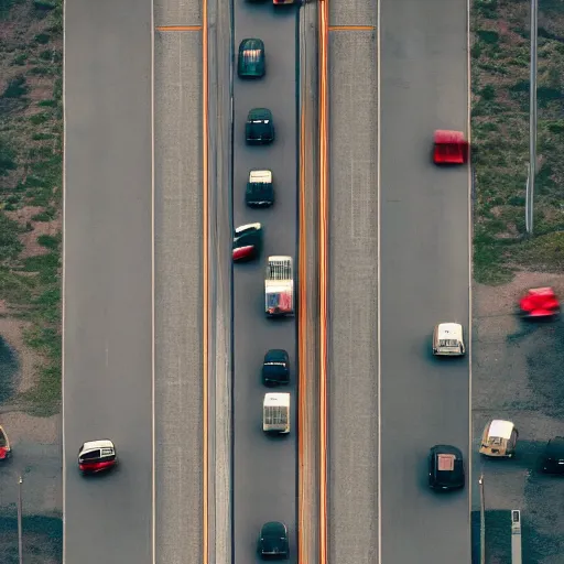 Prompt: a stunning aesthetic wallpaper of a city highway full of traffic with a train track and bus lane nearby, photograph by clemens ascher, 8 k, soft focus, cinematic lighting, trending on flicker, super resolution.