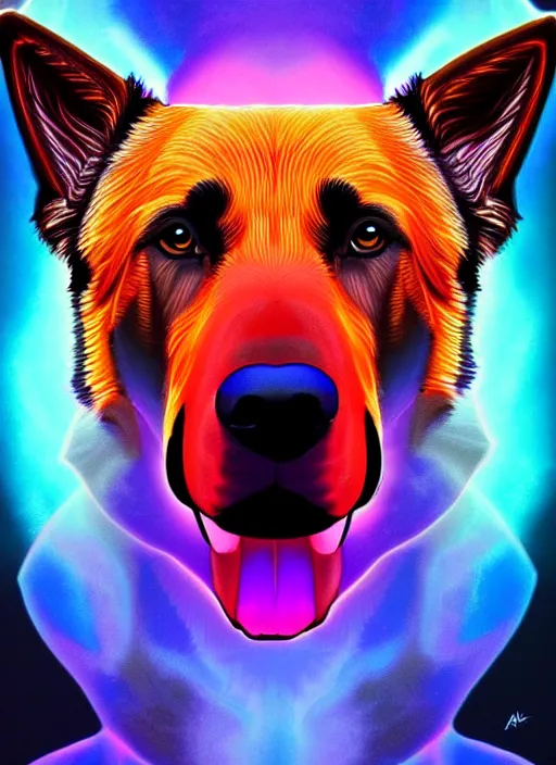 Image similar to symmetry!! product render poster vivid colors divine proportion german shepard hound mix, scifi, glowing fog intricate, elegant, highly detailed, digital painting, artstation, concept art, smooth, sharp focus, illustration, art by artgerm