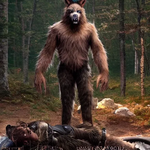 Prompt: furry anthro epic film still cinematic full body realistic tall brawny werewolf from the movie Van Helsing forest in background