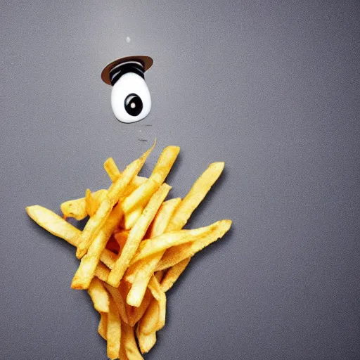 Image similar to photo of [ a single salted french fry chip ] shaped like that looks like stephen fry as a pixar character hybrid intercross mix cinematic lighting