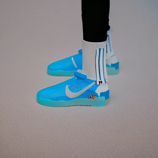 Image similar to a studio photoshoot of Nike Air Mag x Off-white sneakers designed by Virgil Abloh, leather and transparent knitted mesh material, glowing light outsole, realistic, color film photography by Tlyer Mitchell, 35 mm, Graflex