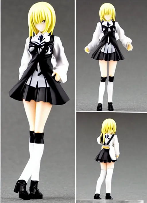 Prompt: 80mm, resin detailed anime figure of a female wearing a school uniform with black skirt, white blouse and gothic boots