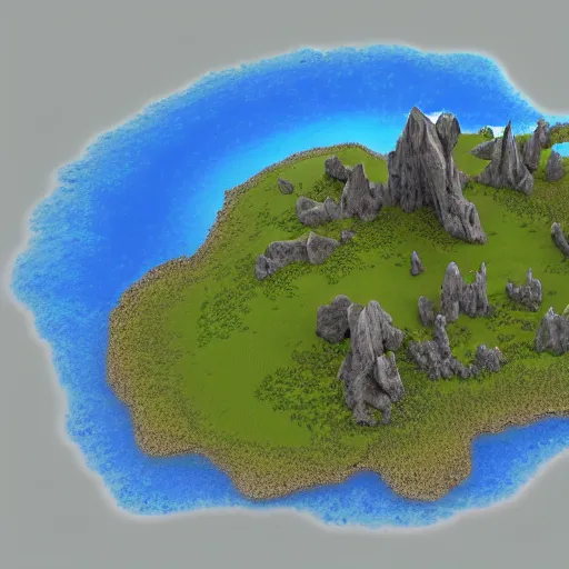 Image similar to 3d model of a fantasy map, lots of islands, tall rocks, ruins, small villages scattered around