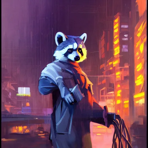 Image similar to greg manchess painting of a trash panda character, holding a box of cables and standing next to old electronic equiptment, medium shot, asymmetrical, profile picture, organic painting, night time, dark, neon lights, matte painting, bold shapes, hard edges, street art, trending on artstation, by huang guangjian and gil elvgren and sachin teng