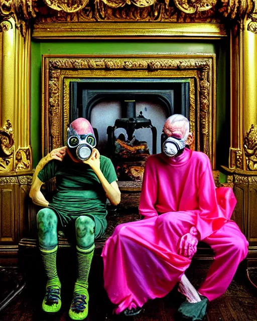 Prompt: Two skinny fleshy old people, wearing gas masks, draped in silky gold, green and pink, connected to heart bypass machines, inside an ornate hospital room, they sit next to a fireplace with swirling blue flames, the world is on fire, lost in despair, transhumanist speculative evolution, in the style of Adrian Ghenie, (((Luke Chueh))), Jenny Saville, daniel richter, Edward Hopper, surrealism, dark art, illustration by Mariko Mori