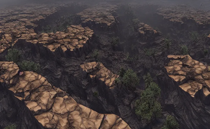 Image similar to A vast canyon made of obsidian, landscape, unreal engine, megascans, quixel