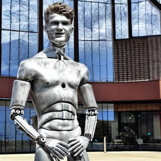 Image similar to a realistic detailed photo of a guy who is an attractive humanoid who is half robot and half humanoid, who is a male android, soccer player timo werner, shiny skin, posing like a statue, blank stare, by the pool, on display, showing off his muscles, humanoid robot, frozen ice statue, made of ice