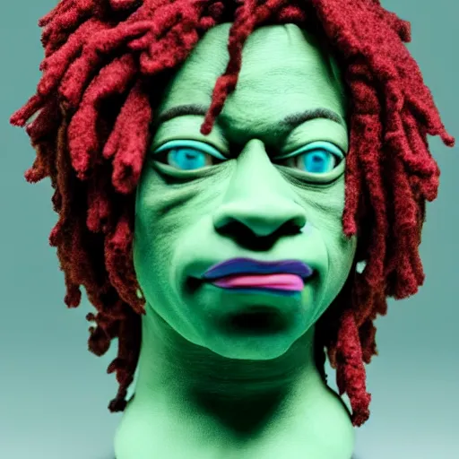 Image similar to a cinematic photograph still of trippie redd made out of clay, in claymation