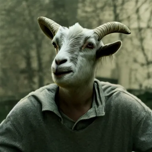 Image similar to A man with a goat head, photorealistic, film still
