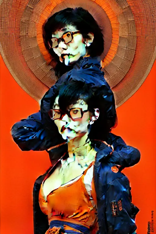 Image similar to thin japanese woman with short black hair, thick round spectacles, wearing a bright orange bomber jacket, seductive communist dark fantasy, art by artgerm and karol bak and moebius and alphonse mucha and greg rutkowski, hyperdetailed, ultrarealistic, octane render