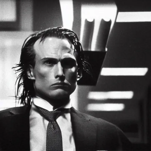 Image similar to HIMARS as The American Psycho, cinematic still, sweating hard