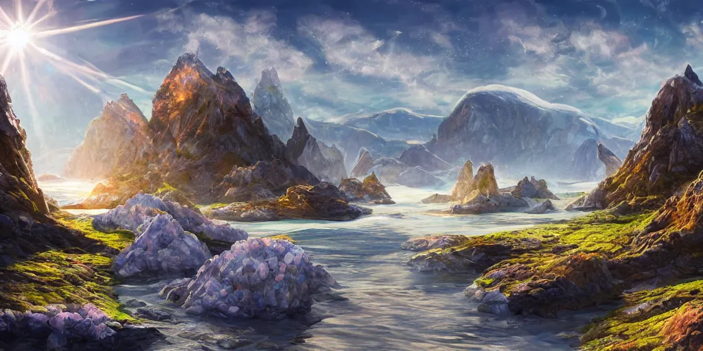Image similar to a salt covered island surrounded by colourful rugged crystal quartz mountains, illustration, bright sunlight, sun glints, sunrays, digital art, hyperrealistic, oil painting, fantasy, 8 k, trending on artstation, detailed