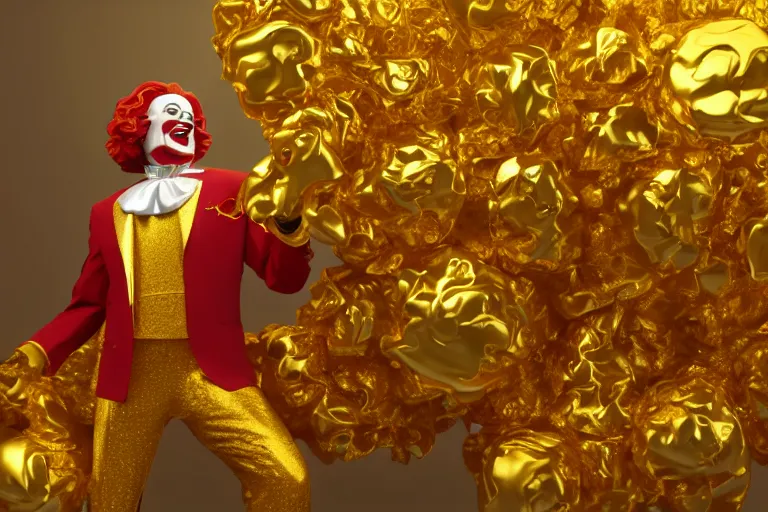 Image similar to a still of ronald mcdonald surrounded by gold and diamonds, award - winning, photograph, 3 d render, unreal engine, 4 k detailed