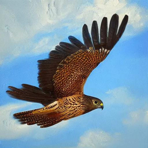 Prompt: “a cooper’s hawk soaring above a quiet suburban street, oil painting, brush strokes, detailed”