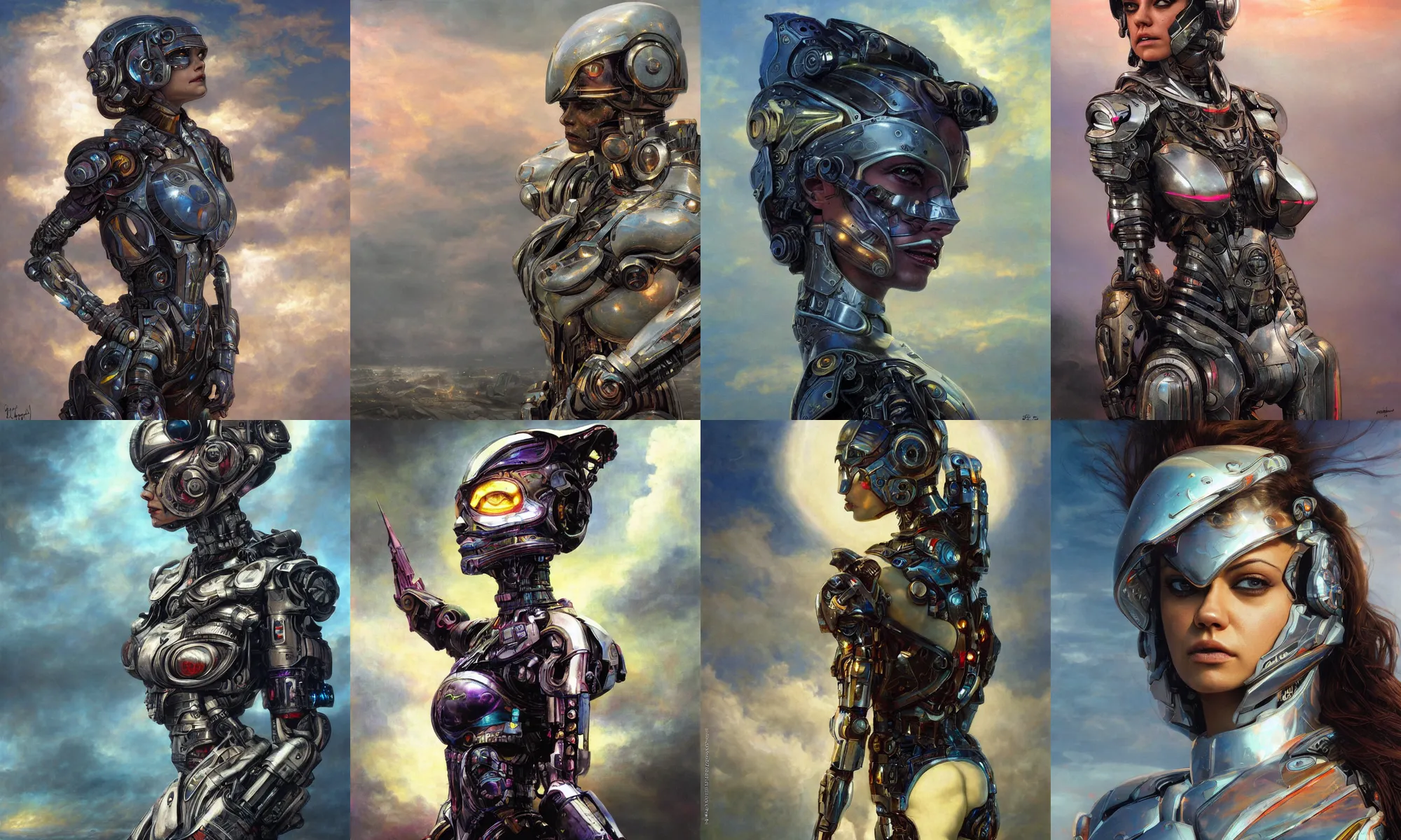 Image similar to portrait of epic mila kunis cyborg neon armor, in clouds, cinematic studio light, windy, sunrise, wlop, by gerald brom, by mikhail vrubel, by peter elson, muted colors, extreme detail, trending on artstation