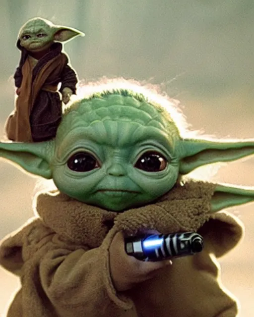 Prompt: baby yoda holding a tiny glowing lightsaber, rides an armored corgi dog, hyperreal, sand people, star wars filmed in the style of cinematographer gilbert taylor