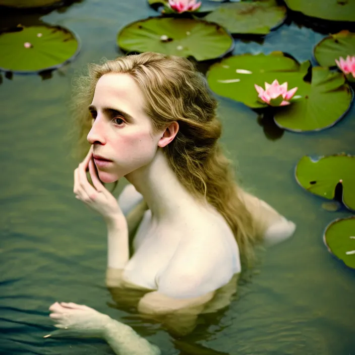 Prompt: Kodak Portra 400, 8K, soft light, volumetric lighting, highly detailed, brit marling style 3/4 ,view from above of close-up portrait photo of a beautiful woman how pre-Raphaelites painter, to float on one's back, part of the face is emerging of a pond with water lilies, she has a beautiful lace dress and hair are intricate with highly detailed realistic beautiful flowers , Realistic, Refined, Highly Detailed, natural outdoor soft pastel lighting colors scheme, outdoor fine art photography, Hyper realistic, photo realistic,warm lighting,