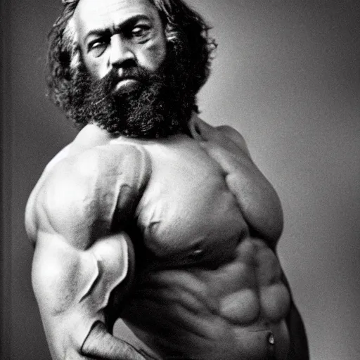 Prompt: a portrait photo of a buff! ripped! muscular! Karl Marx flexing his biceps, high quality, 8k, flickr