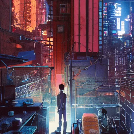 Image similar to Inside a gang hideout, cyberpunk rooftops, Smoke, wide angle, cinematic shot, highly detailed, cinematic lighting , photorealistic, 8K, created by Hideaki Anno + Katsuhiro Otomo +Rumiko Takahashi