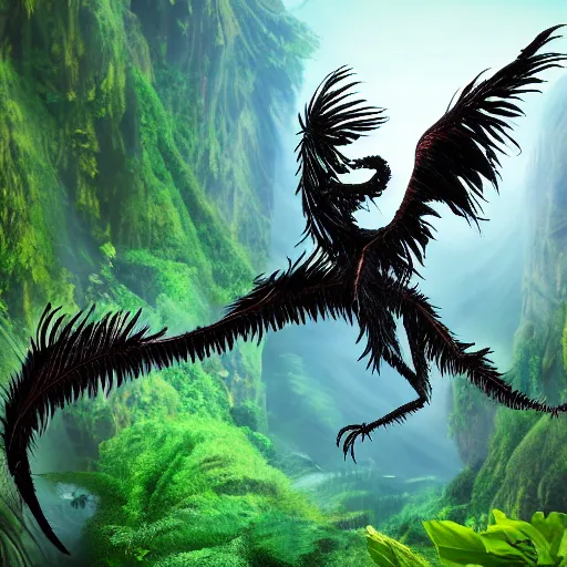 Prompt: a feather dragon with wings spread out and an open mouth flying over high cliffs and jungles with large trees and vines, fantasy, 8k, realistic