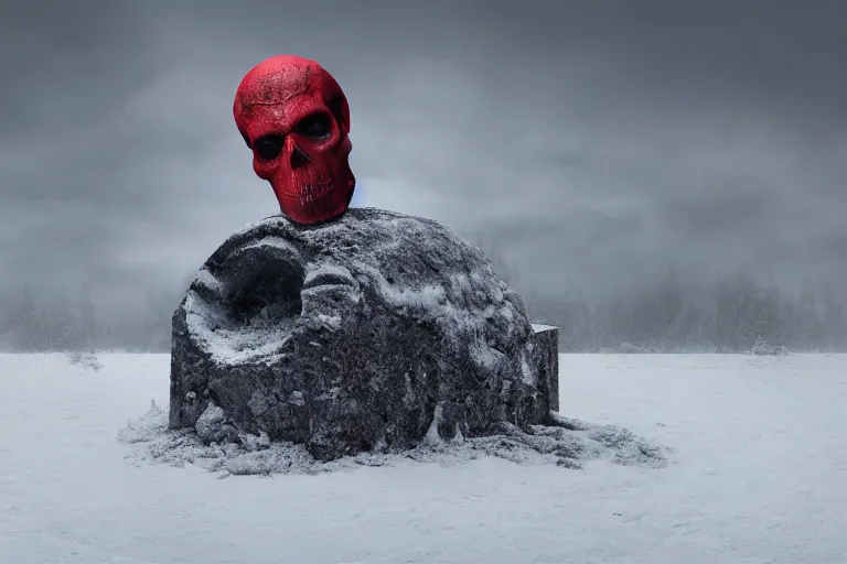 Image similar to a large red skull sitting in the middle of a snow covered field, a matte painting by pascal blanche, featured on behance, new sculpture, matte painting, apocalypse art, apocalypse landscape