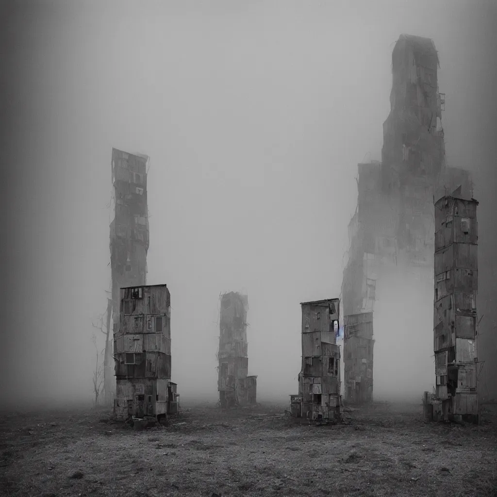 Image similar to two towers, made up of makeshift squatter shacks, uneven dense fog, dystopia, mamiya, fully frontal view, photographed by jeanette hagglund