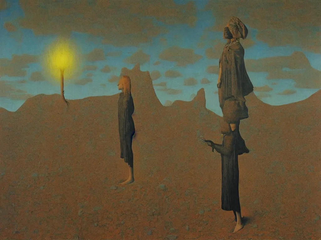 Image similar to It rains with the seed of the faithful. The holy glowing rock of transhumanism in the lithium desert. Portrait of the lotus-eater. Painting by Jan van Eyck, Rene Magritte, Jean Delville, Max Ernst, Beksinski