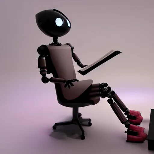 Image similar to futuristic studious matte brown and red and chrome full-body humanoid robot with two huge round expressive sad purple glowing LED eyes and open rectangular mouth sitting on a large comfortable cushioned 1950s vintage recliner reading a newspaper. open newspaper. Cinematic Movie Photograph, Arri Alexa, Extremely Detailed, smooth, very very clean, 8K, octane render, maya render, unreal engine, trending on artstation, DSLR, excellent composition, center frame