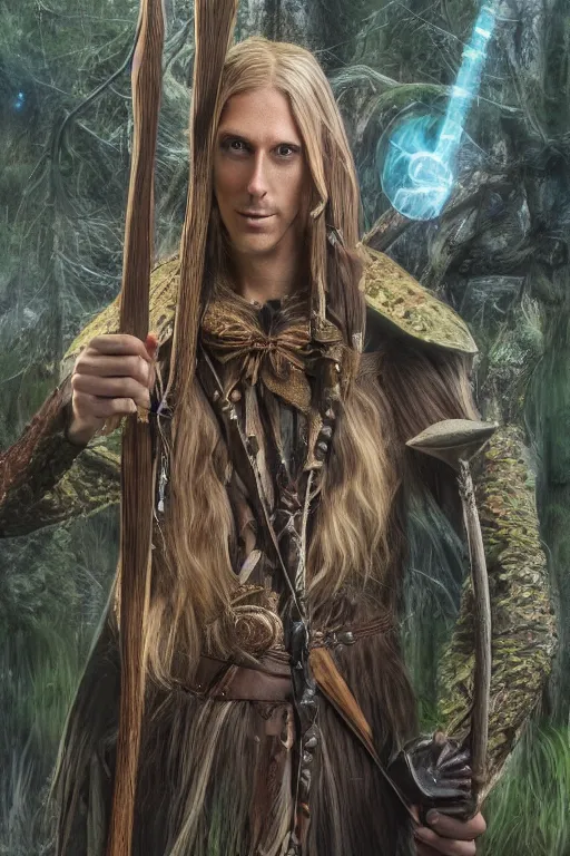 Prompt: A tall slim male wood elf druid posing with a bow in a mystical forest, portrait, long blonde hair, fungi, glowing, wooden armor, magical, fantasy, medieval, highly detailed, dynamic lighting, cinematic, dramatic, sharp focus, focus on face, masterpiece, trending on artstation, concept art, digital painting, still, photo, photograph, in the style of Heilung