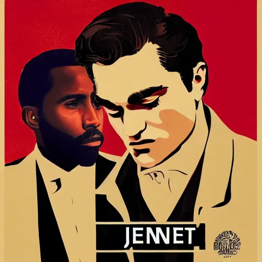 Image similar to movie poster for Tenet in the style of 1960's italian art, with John David Washington and Robert Pattinson