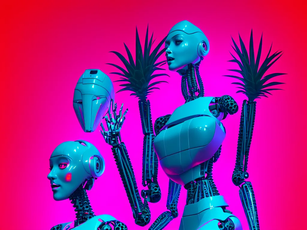 Image similar to beautiful tall female robot printed with red and black 3 d geometrical neon facing a doorway opening with neon pink geometric fractal light + a portal to a vaporwave world, flowering pineapples, transcendent, clean linework, dramatic, finely detailed, 4 k, trending on artstation, photorealistic, volumetric lighting, octane render