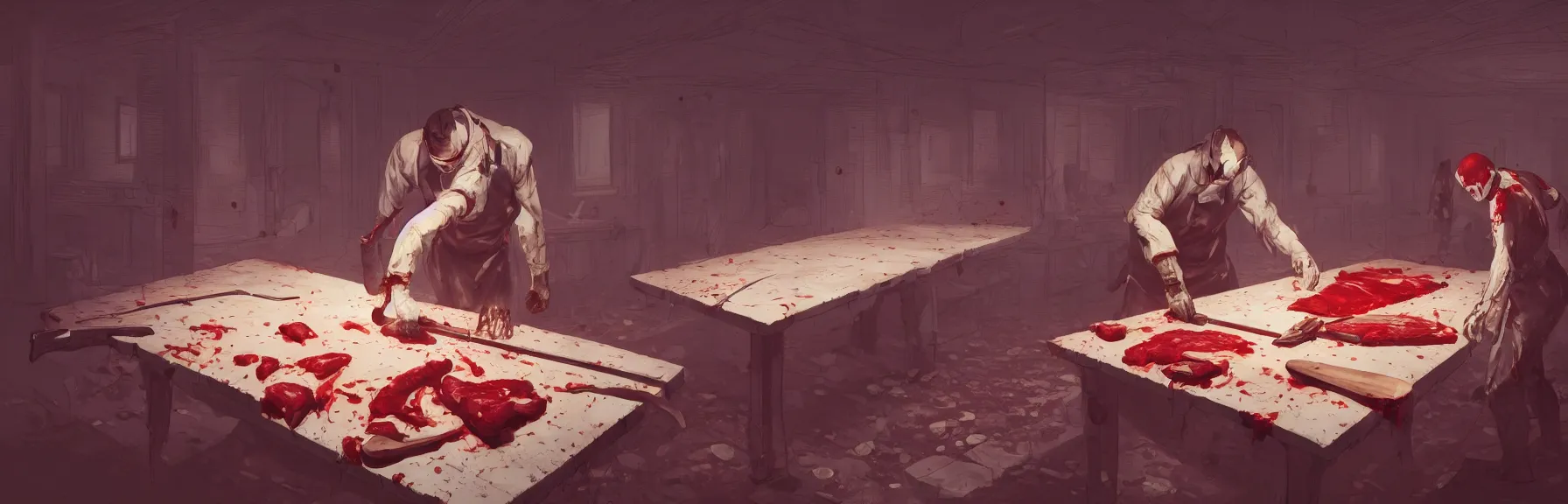 Image similar to a faceless butcher chopping up human bodies on a bloodstained table in a dark scary hunted dilapidated room, dim lighting, petrine crosses on wall, isometric, wide view, cinematic view, ultrarealistic, 8 k, unreal engine, by atey ghailan, artstation