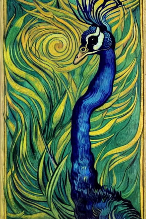 Prompt: the vision of the universal peacock by evelyn de morgan and vincent van gogh, symbolist, visionary