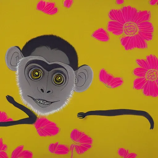 Image similar to a monkey in a yellow kimono, pink background