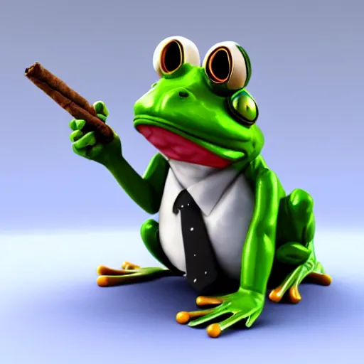 Image similar to a high quality photo of an antropomorphic frog wearing a suit smoking a cigar, 3d scene, render, ultra realistic, artstation, cgsociety