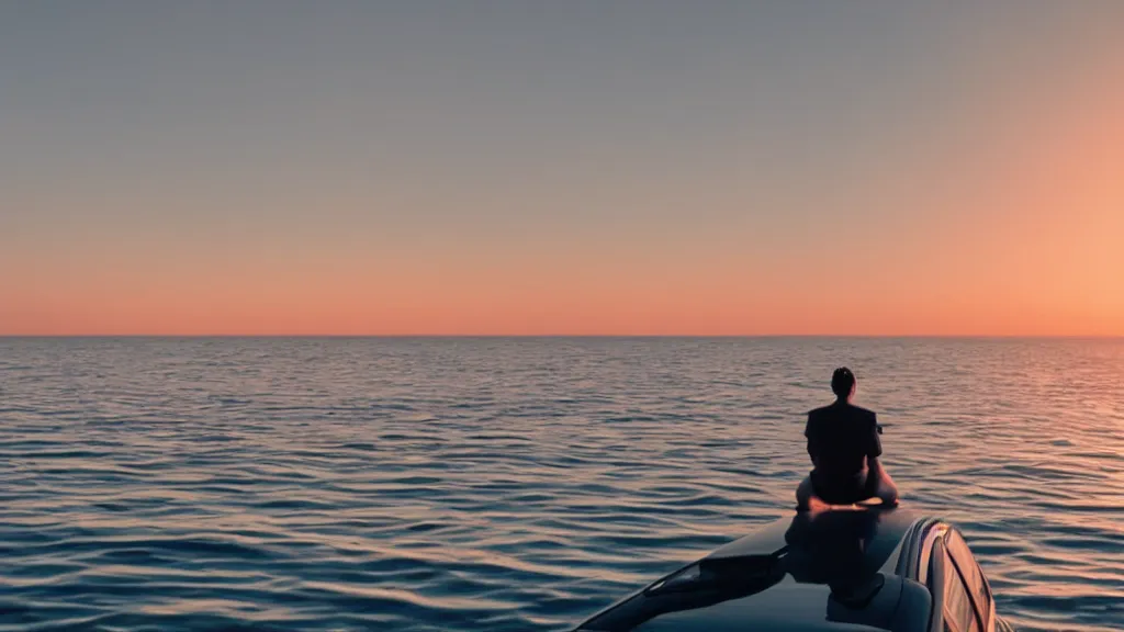 Image similar to a movie still of a man sitting on the roof of a car floating in the ocean at sunset, golden hour