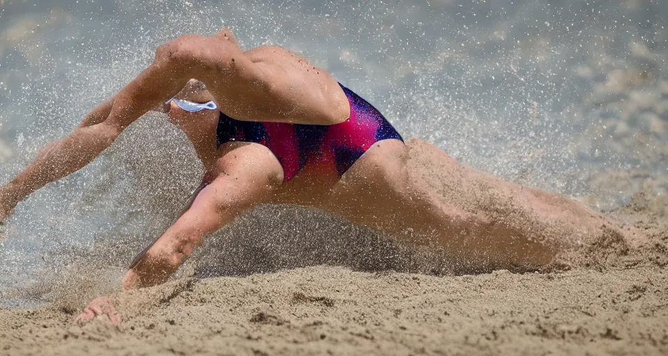 Image similar to olympic swimming in sand instead of water, extremely coherent, motion blur