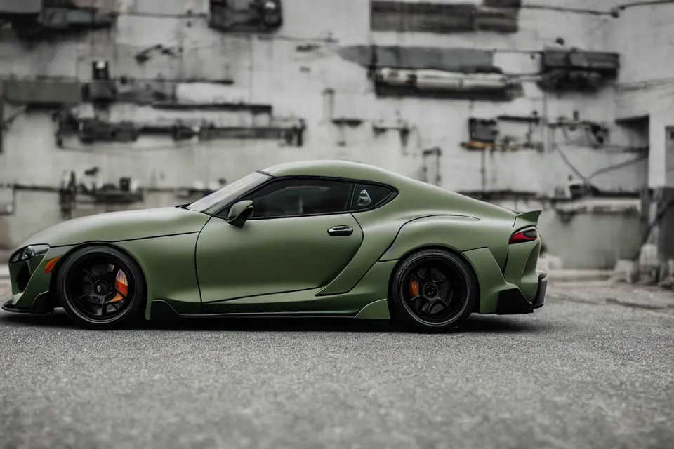 Image similar to Matte olive green Toyota Supra mk4 with widebody kit on highway, hyper realistic, car photography, 8k,