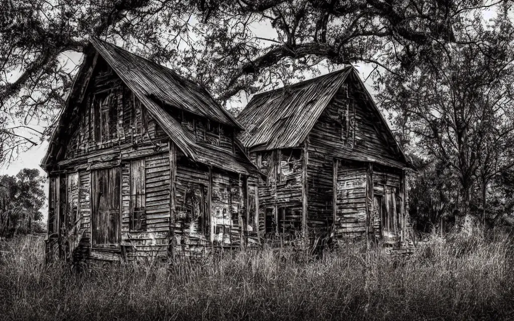 Prompt: an old wooden church rotting away in the bayou, realistic, old photograph, dynamic composition, creepy