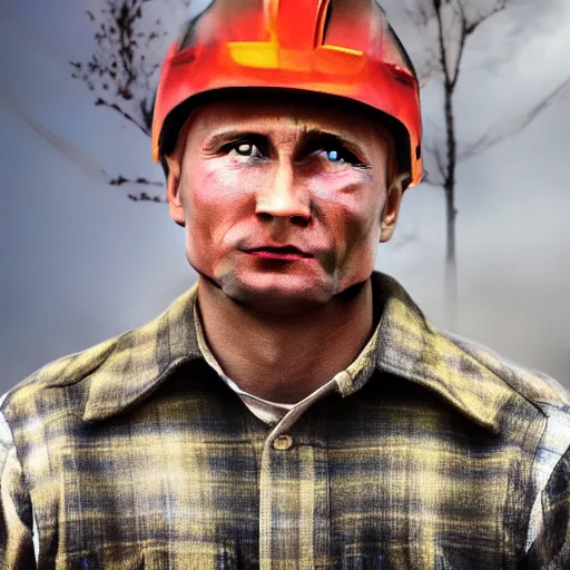 Image similar to Closeup of Vladimir Putin posing as a lumberjack. He has an axe in his hand and is wearing a yellow helmet. He looks very surprised. Hyper realistic photo. Full colour. Extremely detailed facial features.