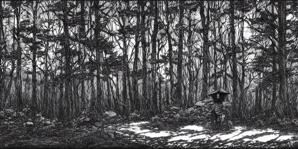 Prompt: lonely man, dark forest, alone in the woods, rotogravure, dark, majestic, powerful, dark fantasy manga artstyle, by gustave and inoue takehiko, small cabin