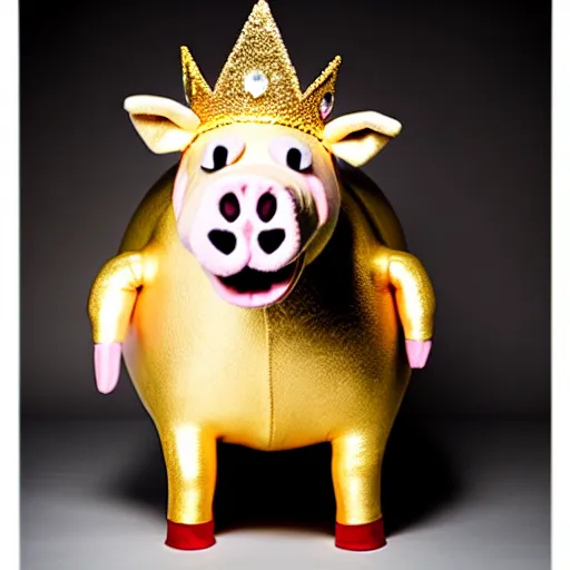 Image similar to studio photograph of a pig wearing a gold crown depicted as a muppet fighting stance