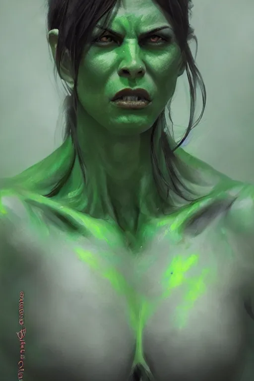 Image similar to green orc female with human face, light green tone beautiful face, muscular body, by artgerm, by greg rutkowski, by jeremy mann, digital painting